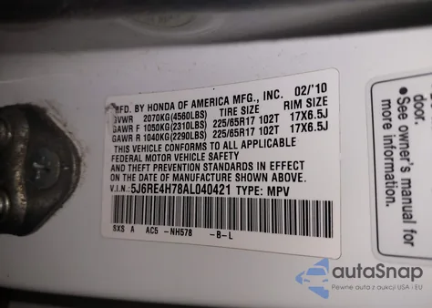 2010 Honda Cr-V Ex-L from USA, damaged, VIN 5J6RE4H78AL040421
